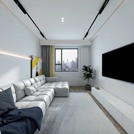 Modern living room featuring a cozy sectional sofa with a minimalist design, showcasing bright white walls and large windows with city views, optimized for interior decor using Homestyler's real-time 3D rendering feature.