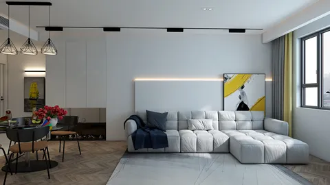 modern sectional sofa arrangement in a minimalist living room design featuring a neutral color palette and ample natural light, showcasing Homestyler's real-time 3D rendering capabilities.