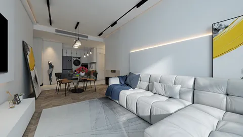 Modern living room featuring a luxurious white sectional sofa, designed for elegant comfort, showcasing a contemporary minimalist style, ideal for a stylish home interior using Homestyler's real-time 3D rendering feature.