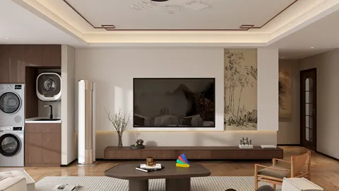 modern living room with a sleek TV setup and stylish furniture layout showcasing neutral tones and natural light, optimized for small space design using Homestyler's real-time 3D rendering feature.