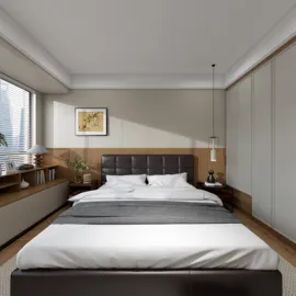 modern bedroom design featuring a cozy bed arrangement with a stylish headboard, incorporating neutral tones and natural light elements, showcasing Homestyler's real-time 3D rendering for interior decor visualization.