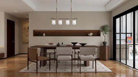 modern dining room with a wooden table and stylish chairs showcasing open space optimization in a contemporary style using Homestyler's real-time 3D rendering feature.