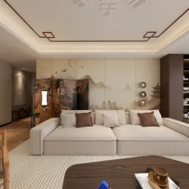 cozy living room with a stylish sofa and elegant wall art featuring mountains, enhancing a serene atmosphere in a modern interior design using Homestyler's real-time 3D rendering for a realistic preview.