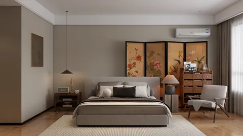 modern bedroom design featuring a stylish bed arrangement with a vintage screen, warm color tones, and elegant decor, showcasing Homestyler's real-time 3D rendering capabilities for interior design.