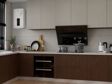 Modern kitchen design featuring a sleek layout with warm wood cabinetry and contemporary appliances, optimized for space utilization using Homestyler's smart furniture arrangement feature.