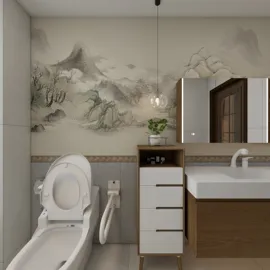 Modern bathroom featuring a sleek toilet and stylish vanity with a mirror, showcasing minimalist design and functional layout, perfect for enhancing contemporary interior decor using Homestyler's real-time 3D rendering feature.