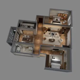 3D interior layout showcasing a modern home design with furniture arrangement and room functionalities optimized for space utilization using Homestyler's real-time 3D rendering feature.