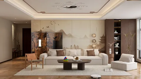 Modern living room featuring minimalist furniture arrangement, styled with a blend of traditional and contemporary elements, emphasizing spacious comfort and elegance using Homestyler's real-time 3D rendering.