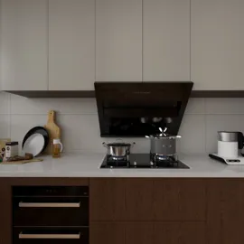 modern kitchen with sleek appliances showcasing cooking activity in a contemporary style, emphasizing space optimization with Homestyler's smart furniture arrangement feature