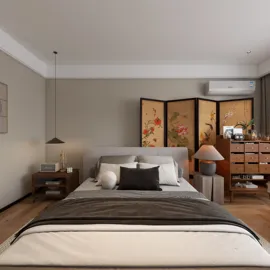 modern bedroom design featuring a beautifully arranged bed with soft textures, incorporating a serene aesthetic, showcasing optimized space utilization with Homestyler's real-time 3D rendering feature.