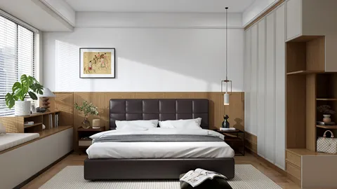 Modern bedroom featuring a sleek brown leather bed with white linens, wooden accents on the walls, and stylish decor, showcasing interior design with Homestyler's real-time 3D rendering for an optimal space preview.