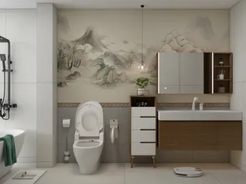 modern bathroom featuring elegant fixtures and artistic wall decor, designed using Homestyler's real-time 3D rendering for effective interior design visualization.