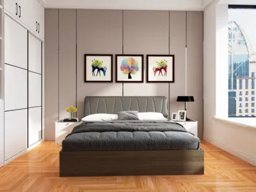modern bedroom with a sleek bed and wall art displaying colorful trees, designed using Homestyler's real-time 3D rendering feature to enhance interior decor visualization.