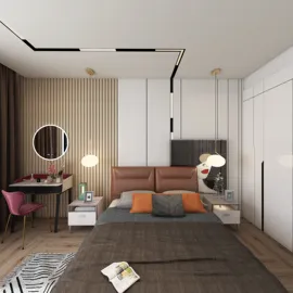 Modern bedroom design featuring a cozy bed arrangement with a stylish headboard, accented by warm lighting and wooden flooring. This interior decor uses Homestyler's real-time 3D rendering for quick visualization of design proposals.