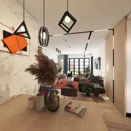 Modern living room design featuring stylish lighting fixtures and contemporary furniture arrangement, enhancing open space value; includes a long-tail keyword for 3D interior design.