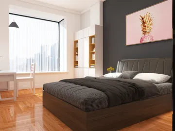 modern bedroom with a cozy bed and stylish decor showcasing a minimalist design theme optimized for small space living, featuring Homestyler's real-time 3D rendering to visualize interior design.