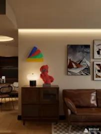 A modern living room featuring a stylish cabinet with a decorative bust and colorful wall art, showcasing both practical furniture arrangement and artistic decor elements, ideal for interior design inspiration using Homestyler's real-time 3D rendering feature.