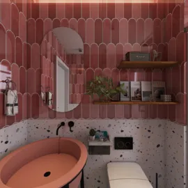modern bathroom with pink tile design featuring a round mirror and shelves, showcasing smart furniture arrangement for optimal small space usage using Homestyler's 3D rendering feature.
