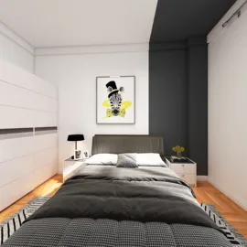 modern bedroom design featuring a stylish bed arrangement with a black and white color scheme, showcasing wall art, utilizing Homestyler's real-time 3D rendering for accurate design visualization.