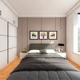 Minimalist bedroom featuring a stylish bed and elegant wall art, designed for optimal space utilization with smart furniture arrangement using Homestyler's real-time 3D rendering feature.