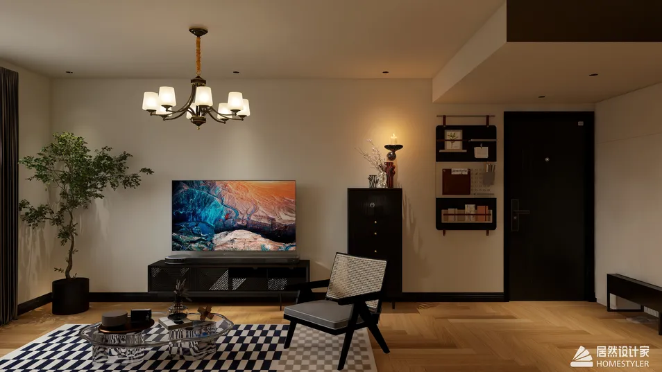 modern living room featuring a stylish TV setup and chic furniture arrangement using Homestyler for interior design optimization and visual appeal.