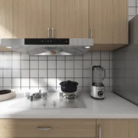 modern kitchen design featuring a gas stove and hood, showcasing efficient appliance arrangement and minimalist style for practical cooking space; integrates Homestyler's real-time 3D rendering for dynamic design presentation.