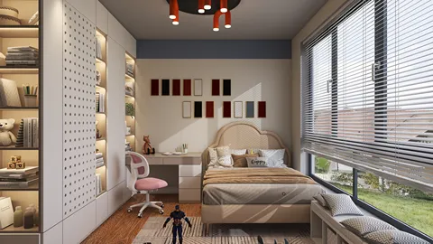 cozy children's bedroom with smart furniture arrangement featuring a bed, desk, and shelves, designed in a modern style with functionality that optimizes small spaces using Homestyler's intelligent furniture placement feature.