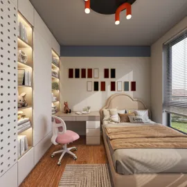 beautiful bedroom design featuring a cozy bed, functional workspace, and stylish decorative elements in a modern aesthetic, showcasing Homestyler's real-time 3D rendering capabilities.