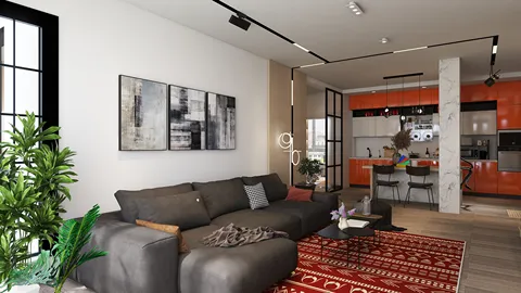 Modern living room with grey sofa and vibrant orange kitchen, showcasing a contemporary open layout that enhances space utilization. Designed using Homestyler's real-time 3D rendering feature.