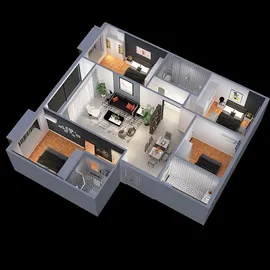 3D floor plan layout showcasing intelligent furniture arrangement in a modern living space, enhancing small home optimization using Homestyler's real-time 3D rendering feature.