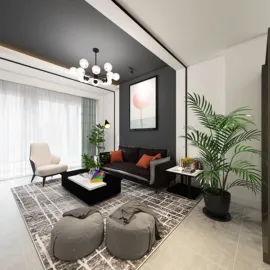 Living room with modern furniture arrangement showcasing a contemporary style, creating an inviting atmosphere using Homestyler's real-time 3D rendering feature.