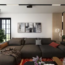 cozy sectional sofa arrangement featuring modern decor style in a living room space, showcasing Homestyler's real-time 3D rendering feature for design visualization.