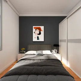 modern bedroom featuring a stylish bed with gray bedding, complemented by a striking black accent wall and contemporary art, utilizing Homestyler's real-time 3D rendering for a detailed design preview.