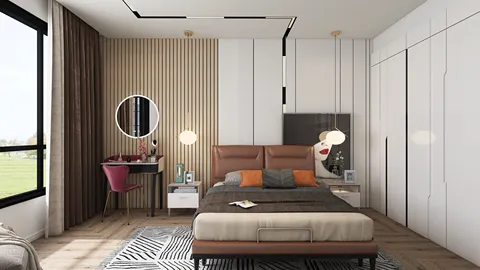 modern bedroom design featuring a stylish bed with accent pillows, smart furniture arrangement using Homestyler's smart furniture layout feature, showcasing a contemporary aesthetic and maximizing space value.