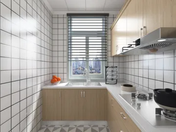 modern kitchen design featuring a clean layout with tiled walls and wooden cabinetry, showcasing efficient space utilization and the core feature of Homestyler's real-time 3D rendering.