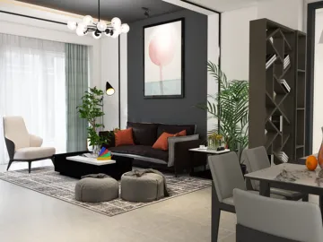modern living room with minimalist furniture arrangement featuring a cozy sofa and decorative plants, showcasing contemporary interior decor style, utilizing Homestyler's real-time 3D rendering feature