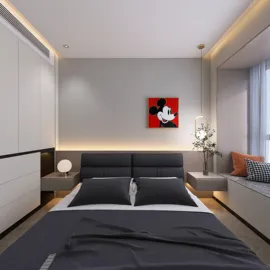 Modern bedroom design featuring Mickey Mouse art, incorporating smart furniture arrangement for optimal space usage with Homestyler's real-time 3D rendering capability.