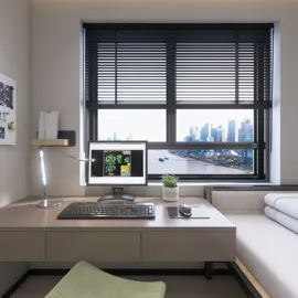 modern home office design featuring a desk with computer setup, optimizing space with stylish furniture, showcasing a city view through large window, utilizing Homestyler's real-time 3D rendering for effective planning.