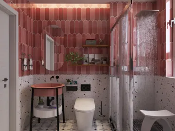 Bathroom featuring a pink tiled wall, showcasing a modern shower setup and a stylish circular mirror, designed with contemporary elegance for a refreshing interior decor experience using Homestyler's real-time 3D rendering feature.