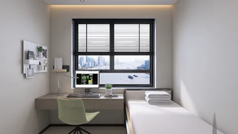 minimalist bedroom design featuring a work desk and bed with a city view, showcasing interior decor optimization using Homestyler's real-time 3D rendering feature