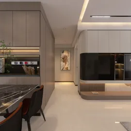 modern kitchen design featuring sleek cabinetry and a stylish dining area, optimized layout for small spaces, utilizing Homestyler's real-time 3D rendering for instant design previews