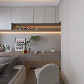 modern bedroom design featuring a minimalist workspace with a desk and shelves, created using Homestyler's real-time 3D rendering feature for a sleek interior decor.