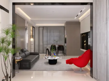 modern living room featuring a cozy sofa and a vibrant red chair, designed to optimize small space functionality with Homestyler's real-time 3D rendering feature