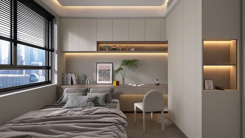 modern bedroom design showcasing a cozy layout with smart furniture arrangement, featuring soft color tones and ambient lighting, optimized for small spaces using Homestyler's intelligent furniture placement feature.