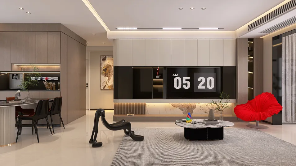 modern living room design featuring a stylish coffee table, smart furniture arrangement, and a contemporary aesthetic, showcasing Homestyler's real-time 3D rendering feature.