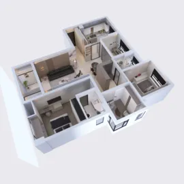 3D floor plan design showcasing an open layout living space with bedroom and kitchen areas featured in a modern minimalist style, highlighting Homestyler's automated floor plan generation feature.