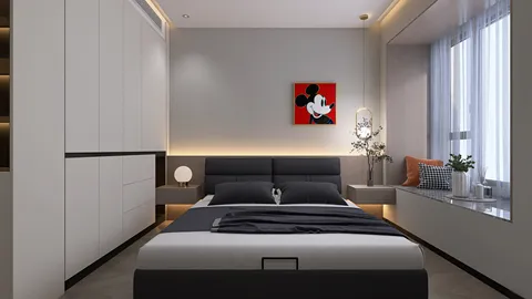 modern bedroom design showcasing a sleek bed layout with stylish decor and a Mickey Mouse artwork, optimized for small space utilizing smart furniture arrangement features of Homestyler.