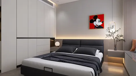 modern bedroom design featuring a black and white color scheme with a large bed, incorporating smart furniture arrangement for optimal space use, highlighting Homestyler's real-time 3D rendering functionality.