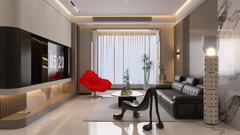 modern living room with a black leather sofa and artistic red chair showcasing smart furniture arrangement for optimal space use, enhanced by Homestyler's real-time 3D rendering feature.
