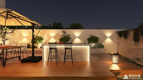 outdoor kitchen design with bar stools featuring contemporary style and functional layout for entertaining spaces using Homestyler's real-time 3D rendering capabilities